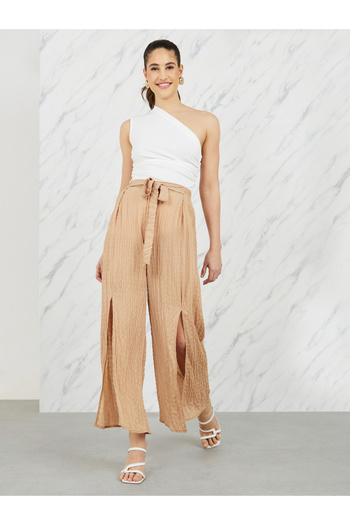 Styli Shirred Front Slit Wide Leg Pant with Self Tie Up