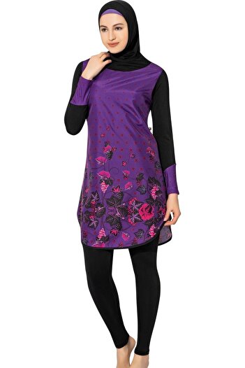 Argisa Long Micro Sleeve Floral Patterned Full Hijab Swimsuit 7125 Purple