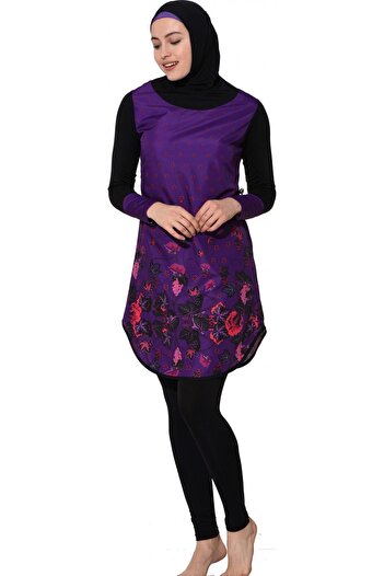 Argisa Long Micro Sleeve Floral Patterned Full Hijab Swimsuit 7125 Purple