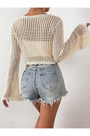 Bracha Openwork Pattern - Deep V-neck Beach Bikini Top Crop Cardigan with Spanish Sleeve Tie