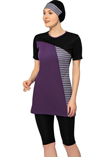 Argisa Half Sleeve Striped Semi Hijab Swimsuit 7826 Purple Black