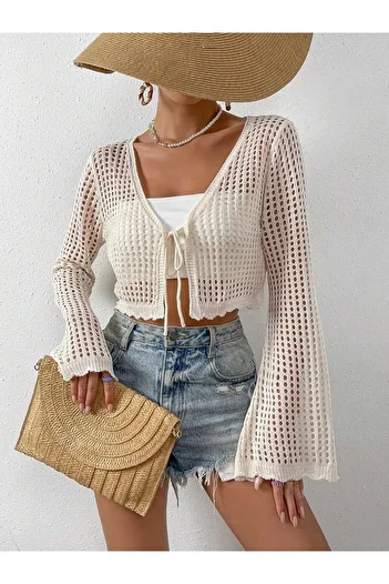 Bracha Openwork Pattern - Deep V-neck Beach Bikini Top Crop Cardigan with Spanish Sleeve Tie