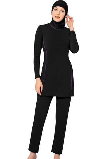 Argisa Long Sleeve Solid Color Piping Flexible Full Hijab Swimsuit 7550 Black Plus Size