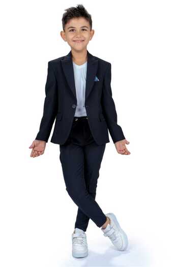 Magu Navy Blue Boy's Jacket and T-Shirt Pants Set