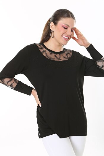 Şans Women's Plus Size Black Jewelled and Sequin Sequin Tulle Detailed Long Sleeve Blouse 65N37693