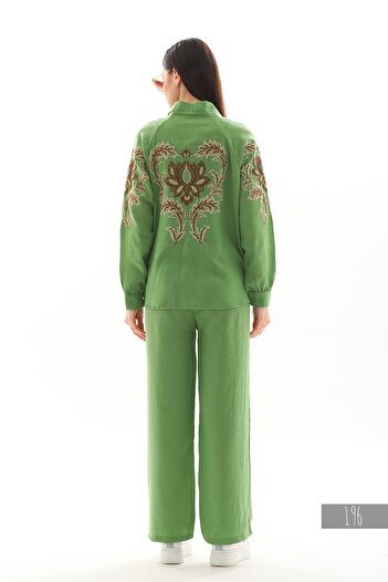Miss Allos Linen Kimono Jacket and Trousers Set - Sequin Embroidered on the Back and Sleeves