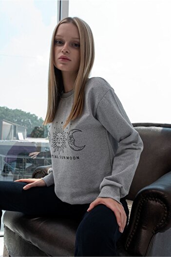 la & vetta Unisex Gray Front Printed Hooded Kangaroo Pocket Design Hoodie Moon Front Printed Sweatshirt