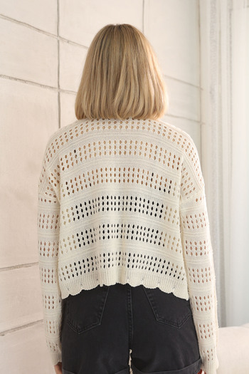 ALCHON V-Neck Long Sleeve Openwork Hollowed Out Skirt Wavy Buttonless Summer Short Knitwear Cardigan