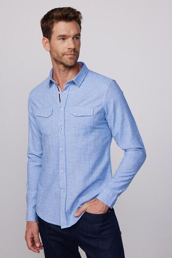 Tudors Чоловіча сорочка синя Slim Fit - з довгими рукавами, 100% бавовна, подвійні кишені з клапанами