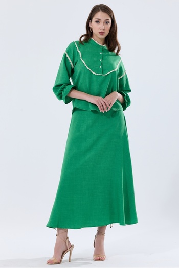 MD trend Linen Set - High Collar, Scallop Detailed Blouse and Flared Skirt