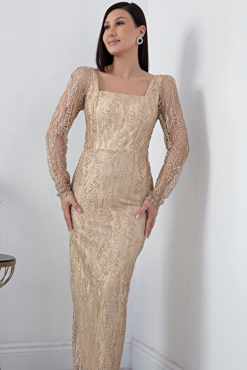 PULLIMM Square Neck Long Sleeve Silvery Evening Dress 39860