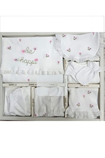 Gaye Bebe BE HAPPY FLOWER EMBROIDERED GIPURE DETAIL 100% COTTON ANTIBACTERY 10-Piece HOSPITAL EXIT SET