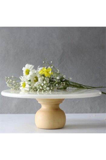Akayev Marble 25 Cm White Round Presentation Plate with Wooden Legs