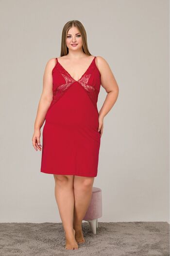 Temporium Women's Red Plus Size Lace Detailed Slit Lycra Combed Cotton Knitted Nightgown