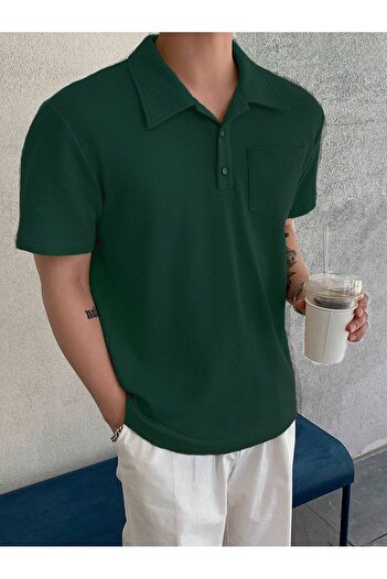 GENIUS STORE Men's Oversize Polo Neck Waffle T-Shirt POLOYAKA-BUTTONED