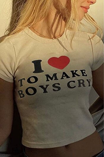 EFBUTİK I Love To Make Boys Cry - Λευκό Crop Top
