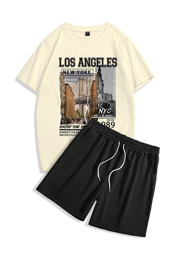 Hunors Sportswear & Company Los Angeles Printed Beige and Black Shorts T-shirt Set - Set of 2