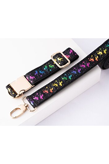 Pawsim Adjustable Leash and Trip Strap with Unicorn Pattern - 2.5cm Width, Black Color