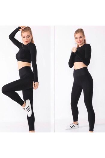 MAGZA Black Extra High Waist Seamless Women's Sports Tights and Crop Top Set