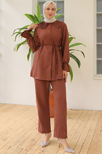 benguen 4044 Model Brown Linen Set - Collar and Arms with Pleats