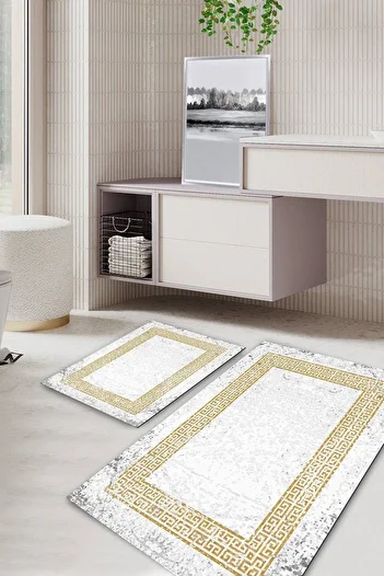 Kilimteks Modern Patterned Non-Slip Base Washable Set of 2 Bathroom Carpet Mat Toilet Seat Set Kt-kzsd-1077