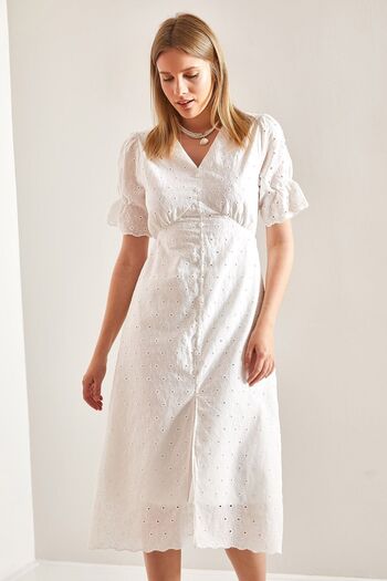 Bianco Lucci Slim Fit Buttoned Front Elastic Sleeve Scallop Women's Dress -40881006