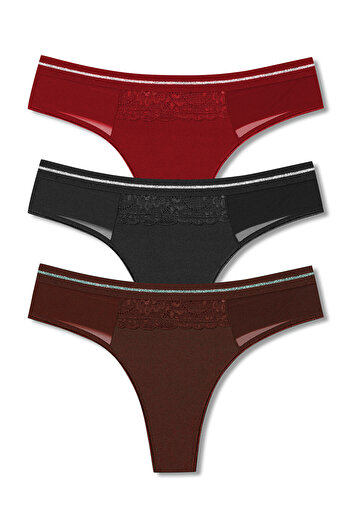 HNX 3-Piece Interlock Fabric Women's Thong Panties with Lace and Tulle Detail