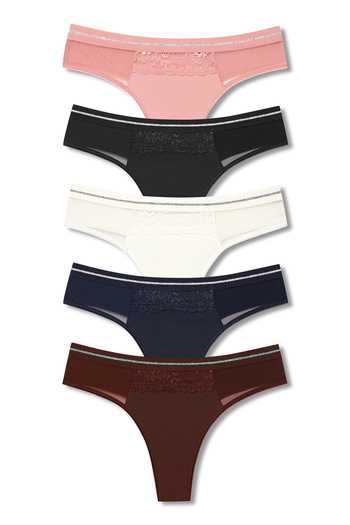 HNX 5-Piece Interlock Fabric Women's Thong Panties with Lace and Tulle Detail