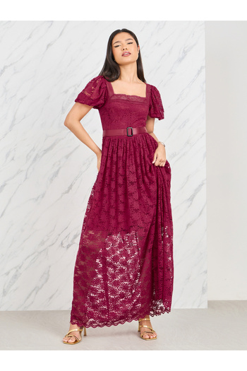 Styli Lace Detail Belted A-Line Maxi Dress