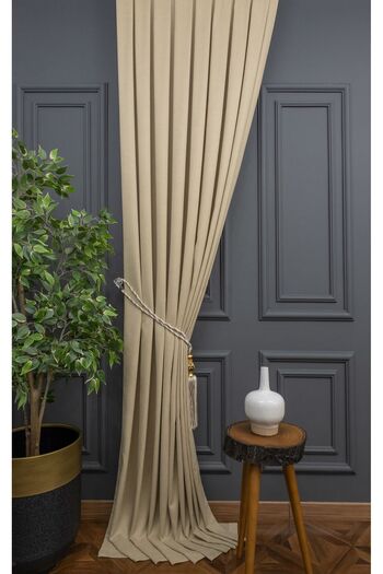 Evdepo Home Crown Beige Solid Color Pleated Background Curtain, 1/2 Sparse Pleat, Single Wing