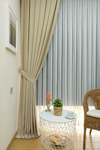 Evdepo Home Crown Beige Solid Color Soft Background Curtain, Pleatless Flat Planting, Extrafor Drawstring, Single Wing