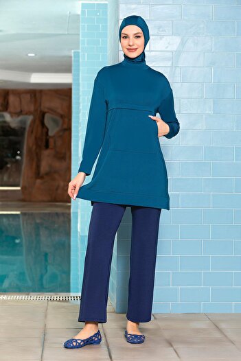 Armes Petrol Green Lycra Hijab Swimsuit - Kangaroo Pocket