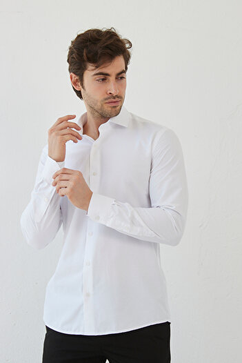 RAVANELLI Біла чоловіча сорочка - Slim Fit, довгі рукави, легка праска, поглинає піт, дихаюча тканина, для краватки, чотири сезони