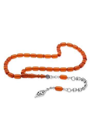 Tesbihane Red Non-Tarnish Metal Albanian Chain Tasseled Rosary - Ankle Length Fire Amber