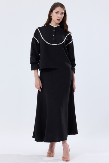 MD trend Linen Set - High Collar, Scallop Detailed Blouse and Flared Skirt