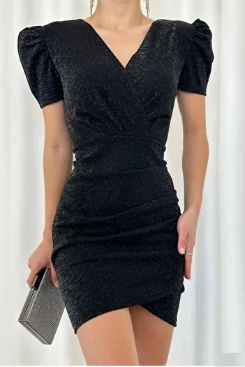 lovebox Flexible Glittery Crepe Mini Evening Dress - Double Breasted Collar and Princess Sleeve Black582048