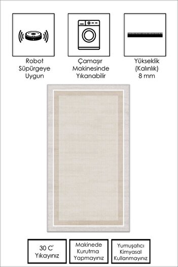 Confidence Home Makinede Yıkanabilir Kaymaz Taban Leke Tutmaz Bej Çizgili Salon Halısı Mutfak Halısı ve Yolluk