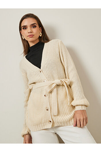 Styli Regular Fit Button Down Cable Knit Cardigan With Belt