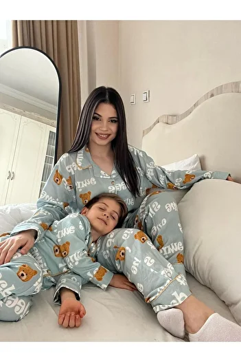 Pollito Set pijama superioară, unisex, cu nasturi, ursuleț de pluș albastru, cu model, 3 piese