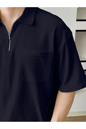 GENIUS STORE Men's Oversize Zip-Up Polo Neck Waffle T-Shirt Polo Neck Tee Shirt