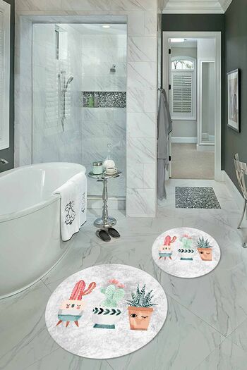 Kilimteks Digital Printed Non-Slip Washable Cactus Round Double Bathroom Set, N-Y-KLOZET-24-GRAY,