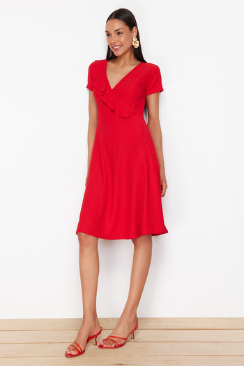 Trendyol Collection Stretchy Red Midi Knitted Dress - Ruffles and Double Breasted Closure, Skater Collar TWOSS24EL01068