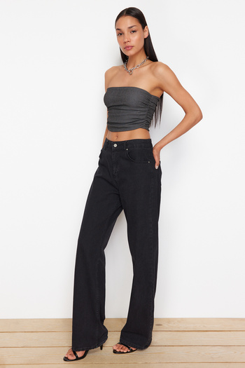 Trendyol Collection Premium Anthracite Strapless Gathered Stretch Knitted Blouse TWOSS24BZ00216