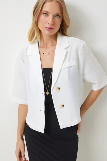 Happiness İstanbul White Linen Shirt Jacket - Shawl Collar, Seasonal DD01327