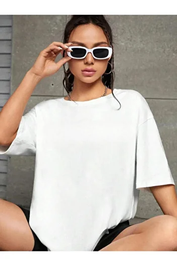 Boi White Oversize Crew Neck Women's T-shirt - Short Sleeve Summer Shawl Combed Cotton