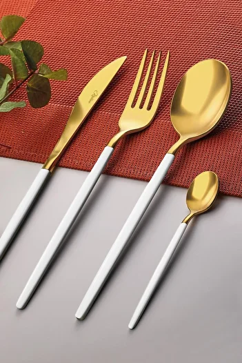 kalben Amore White Touch Titanium Matte Gold 7 Piece Single Fork Spoon Knife Set