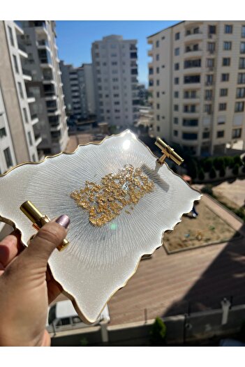 Sultan Tasarım Altın Varaklı Dikdörtgen Dalgalı Desenli Iki Kişilik Söz Nişan Damat Epoksi Sunum Tepsisi