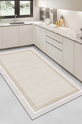 Confidence Home Makinede Yıkanabilir Kaymaz Taban Leke Tutmaz Bej Çizgili Salon Halısı Mutfak Halısı ve Yolluk