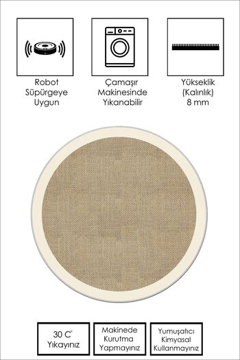 Confidence Home Makinede Yıkanabilir Kaymaz Taban Leke Tutmaz Yuvarlak Bej Mutfak Halısı Ve Balkon Halısı