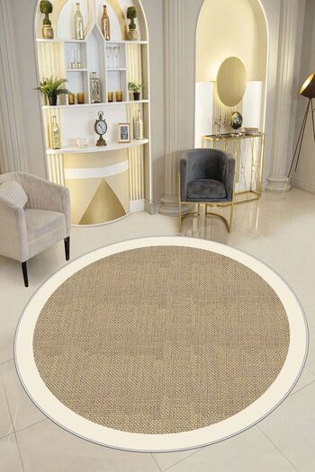 Confidence Home Makinede Yıkanabilir Kaymaz Taban Leke Tutmaz Yuvarlak Bej Mutfak Halısı Ve Balkon Halısı